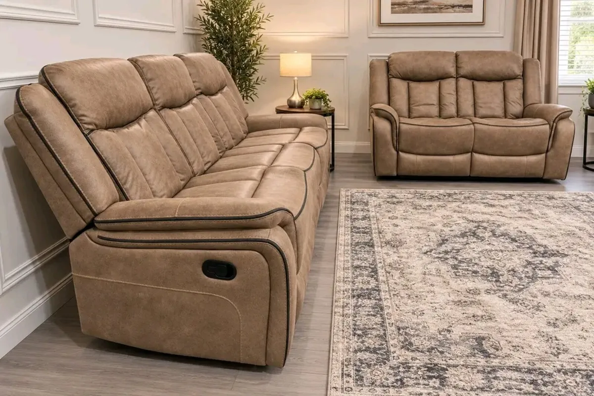 Arizona Biscuit & Grey Suede Recliner Sofa Set - Image 3
