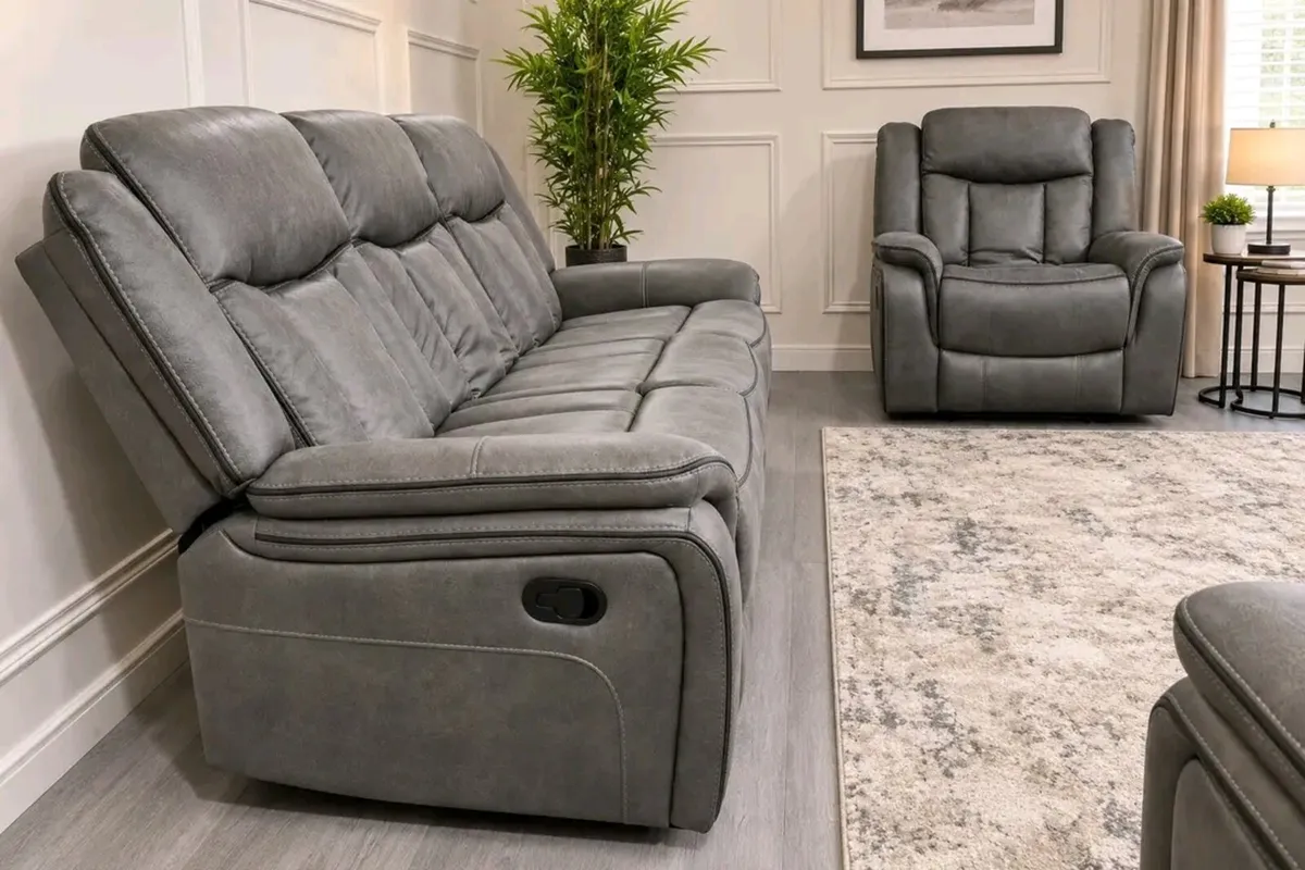Arizona Biscuit & Grey Suede Recliner Sofa Set - Image 4