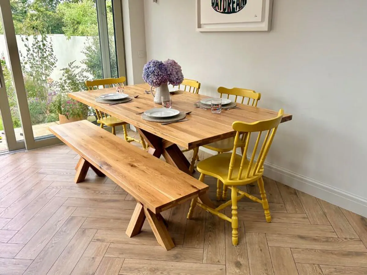 Rustic Oak 2m Dining Table & Matching Bench, Excellent Condition. - Image 1