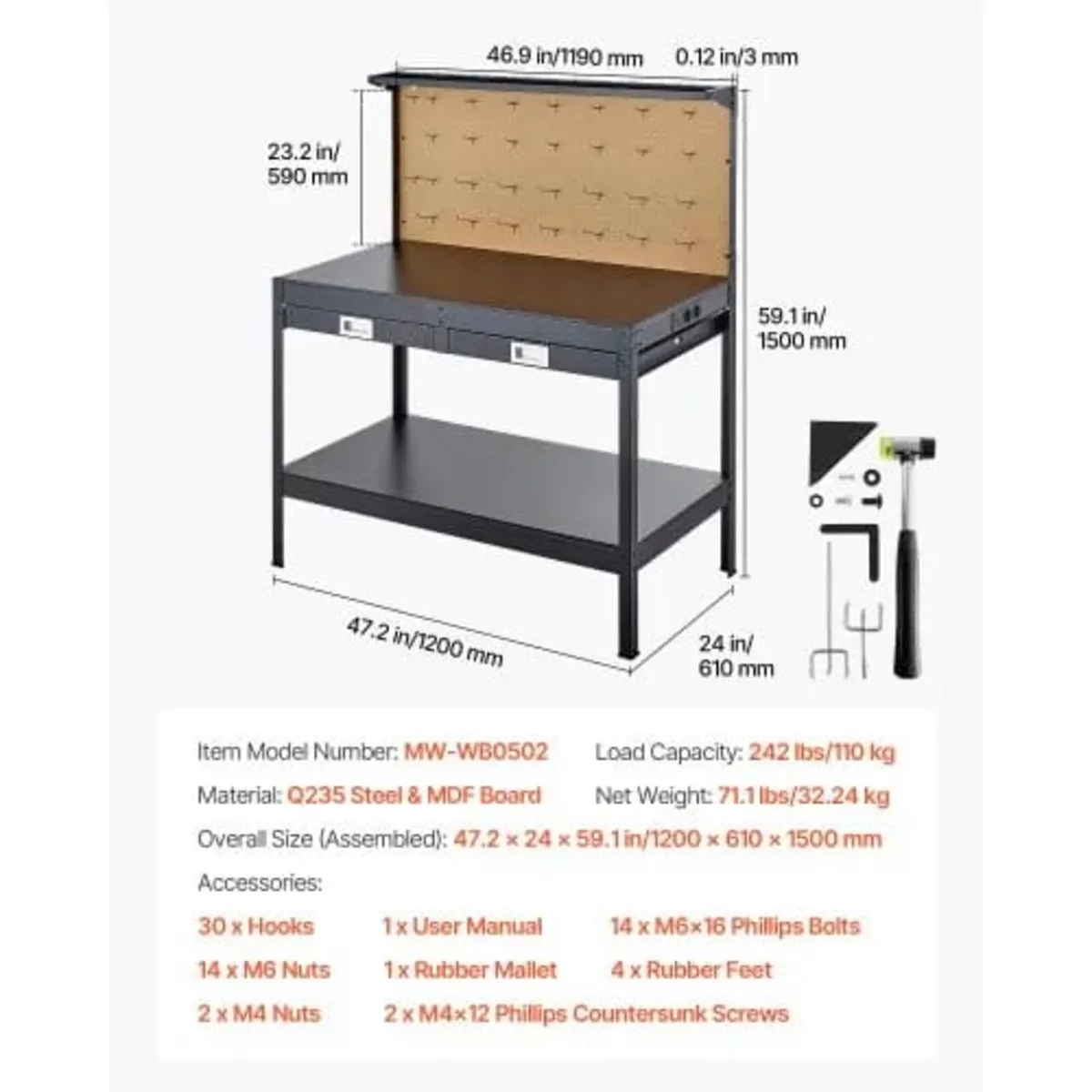 Hardwood Workbench, 110 kg Weight Capacity, 1200 m - Image 2