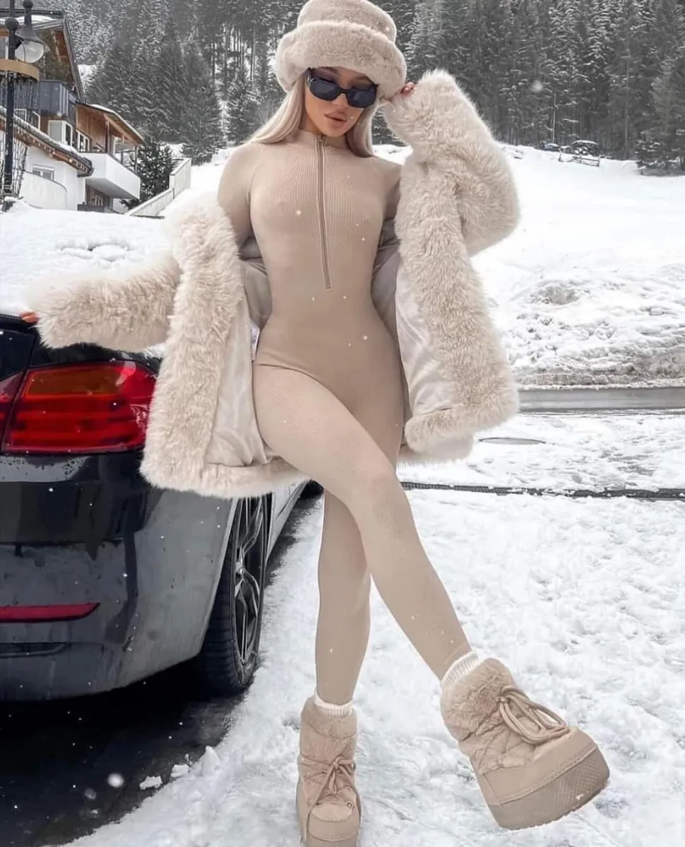 Women's Ribbed Zip-Up Jumpsuit – Beige | One Size - Image 2