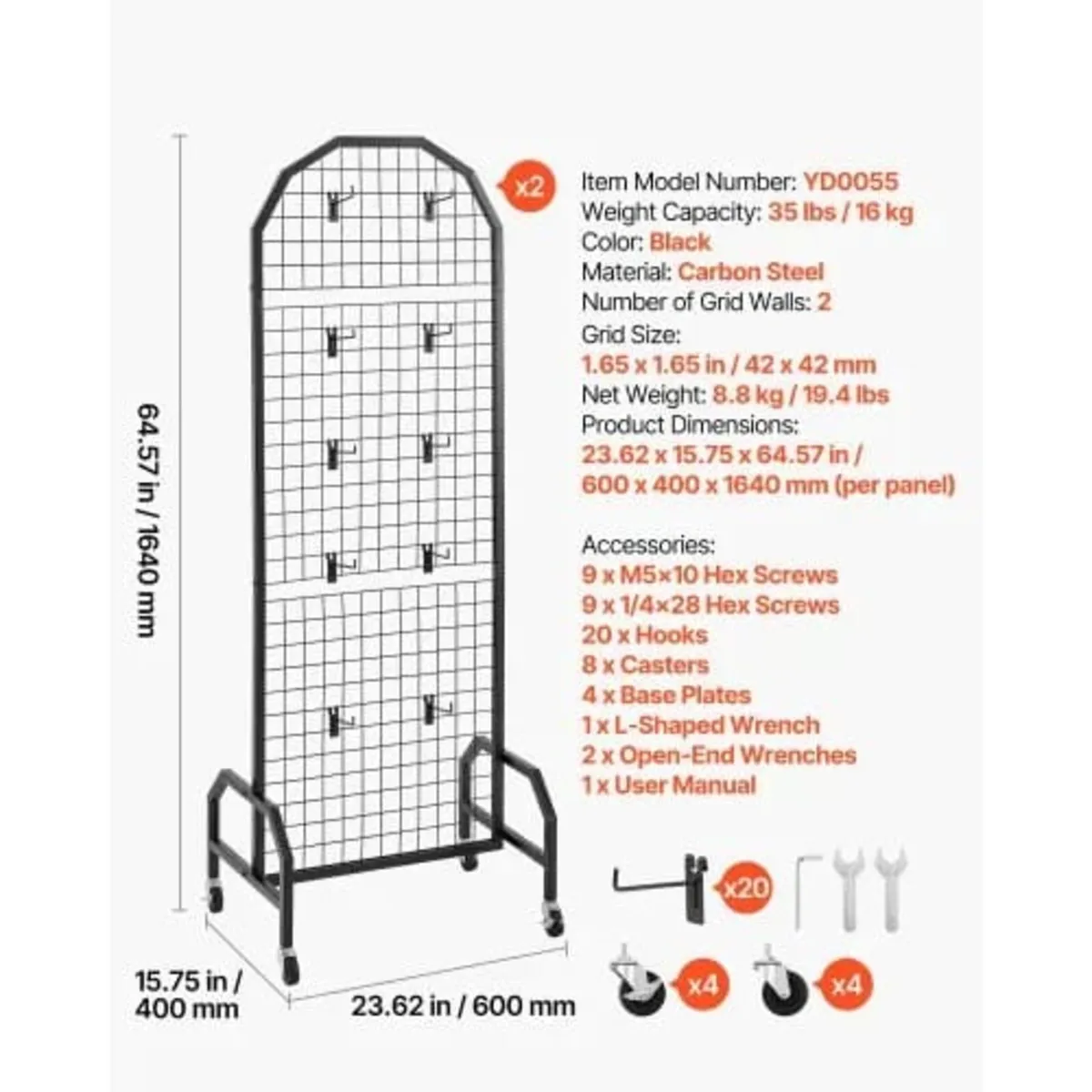 2 Packs Grid Wall Panels, 600 x 1640mm Wire Grid P - Image 4