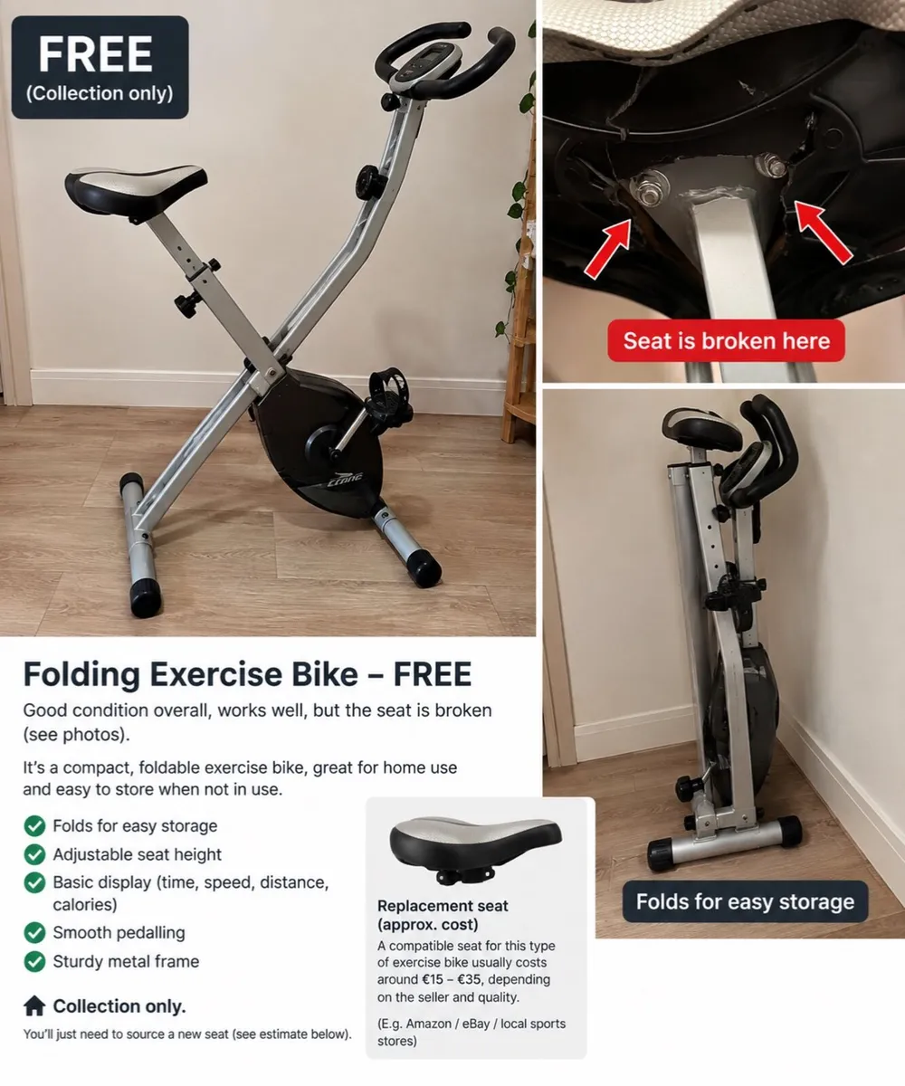 Free- Folding exercise bike - seat needs replacing - Image 1