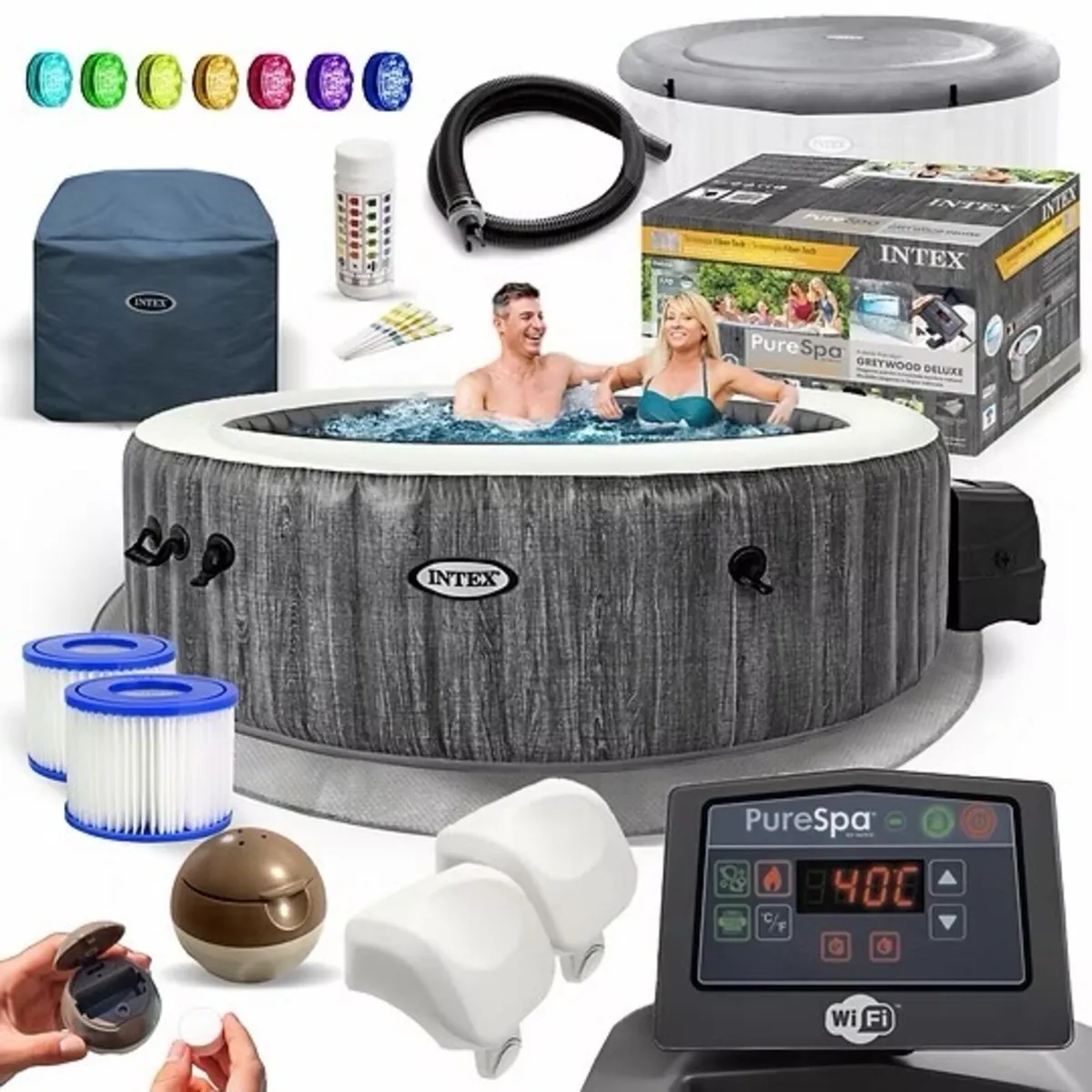 Intex Grey Wood Deluxe WiFi Hot Tub – 4 Person - Image 1