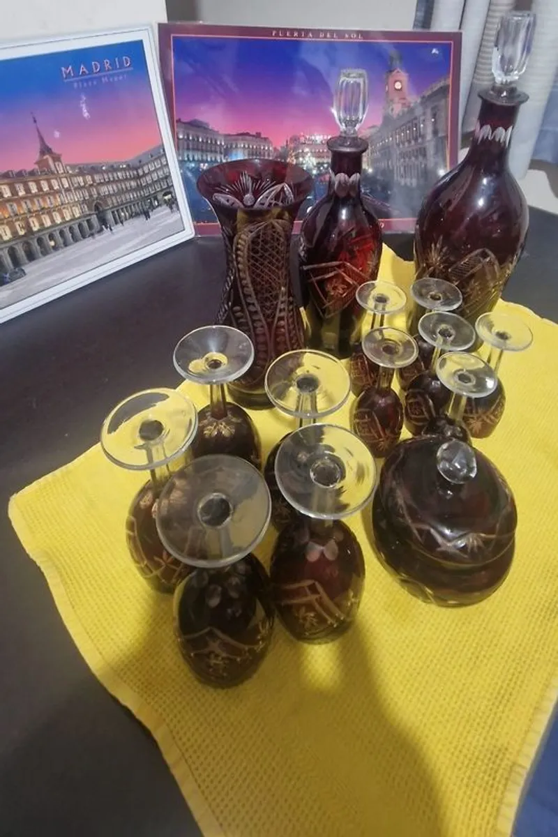 Stunning 15-Piece Vintage Ruby Red Cut-to-Clear Crystal Glassware Set - Bohemian / Egermann Style - Image 1
