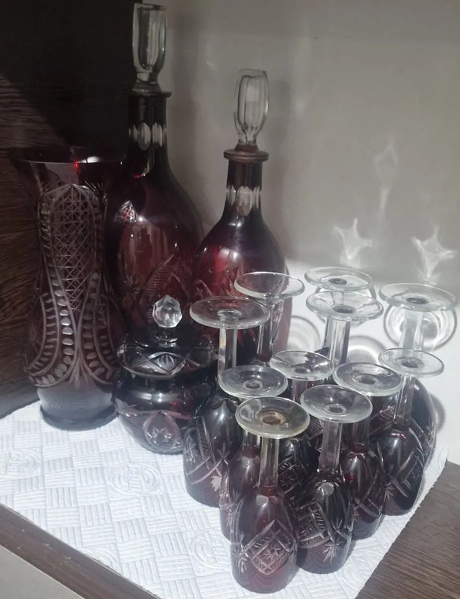 Stunning 15-Piece Vintage Ruby Red Cut-to-Clear Crystal Glassware Set - Bohemian / Egermann Style - Image 2