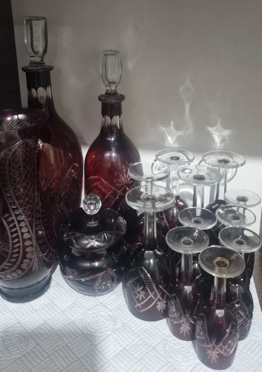 Stunning 15-Piece Vintage Ruby Red Cut-to-Clear Crystal Glassware Set - Bohemian / Egermann Style - Image 3