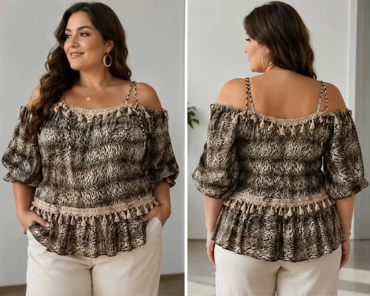 Plus Size Boho Off-Shoulder Animal Print Blouse L- - Image 4