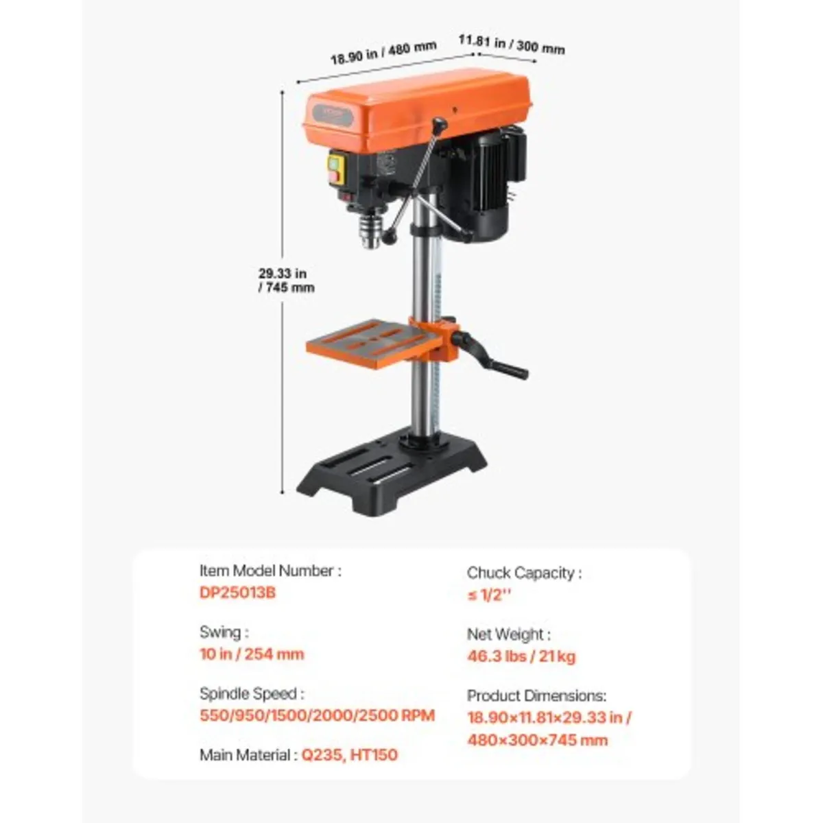 254 mm Benchtop Drill Press, 550W Induction Motor, - Image 2