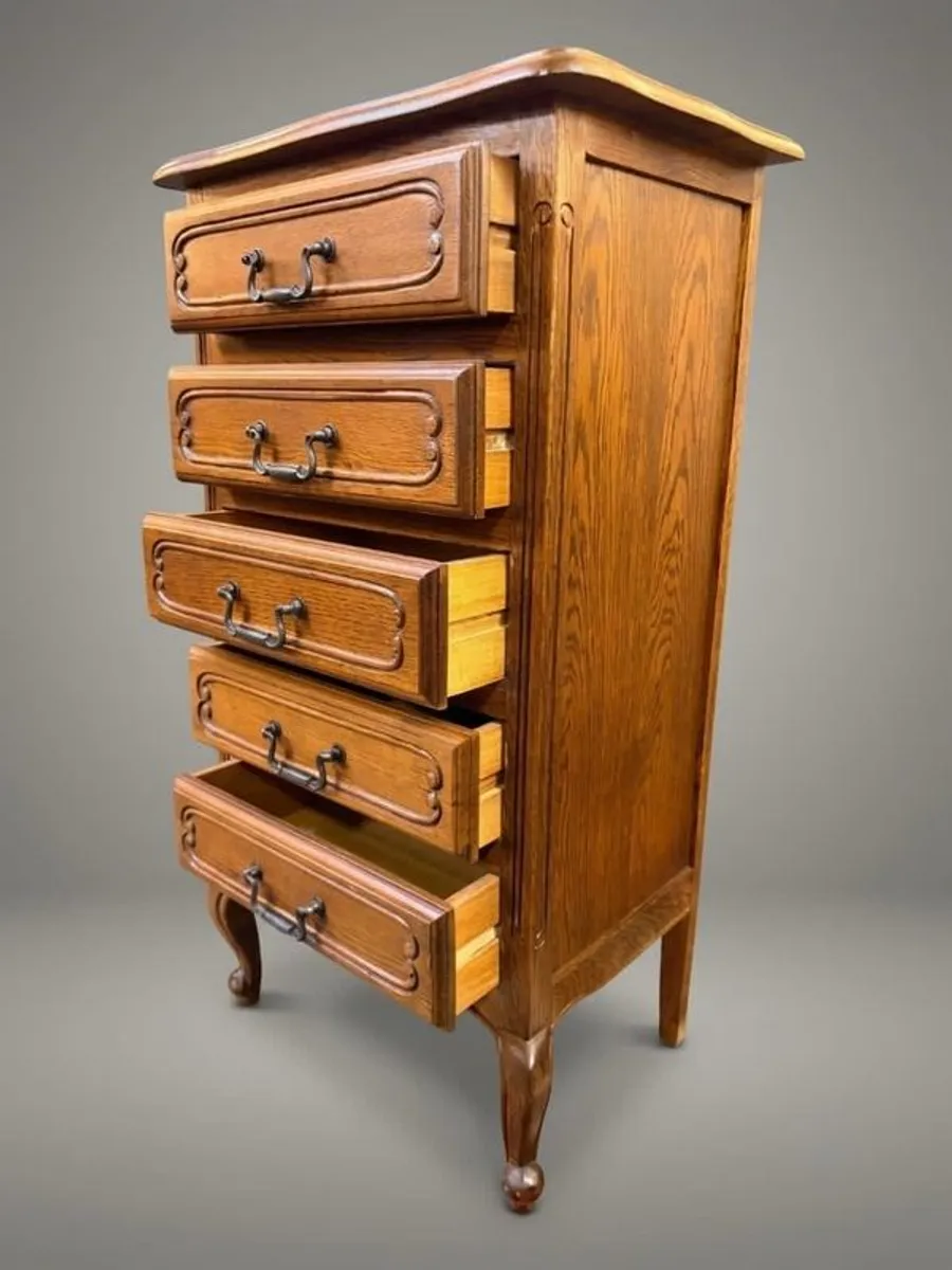 Vintage French Country Carved Oak Tallboy - Image 2