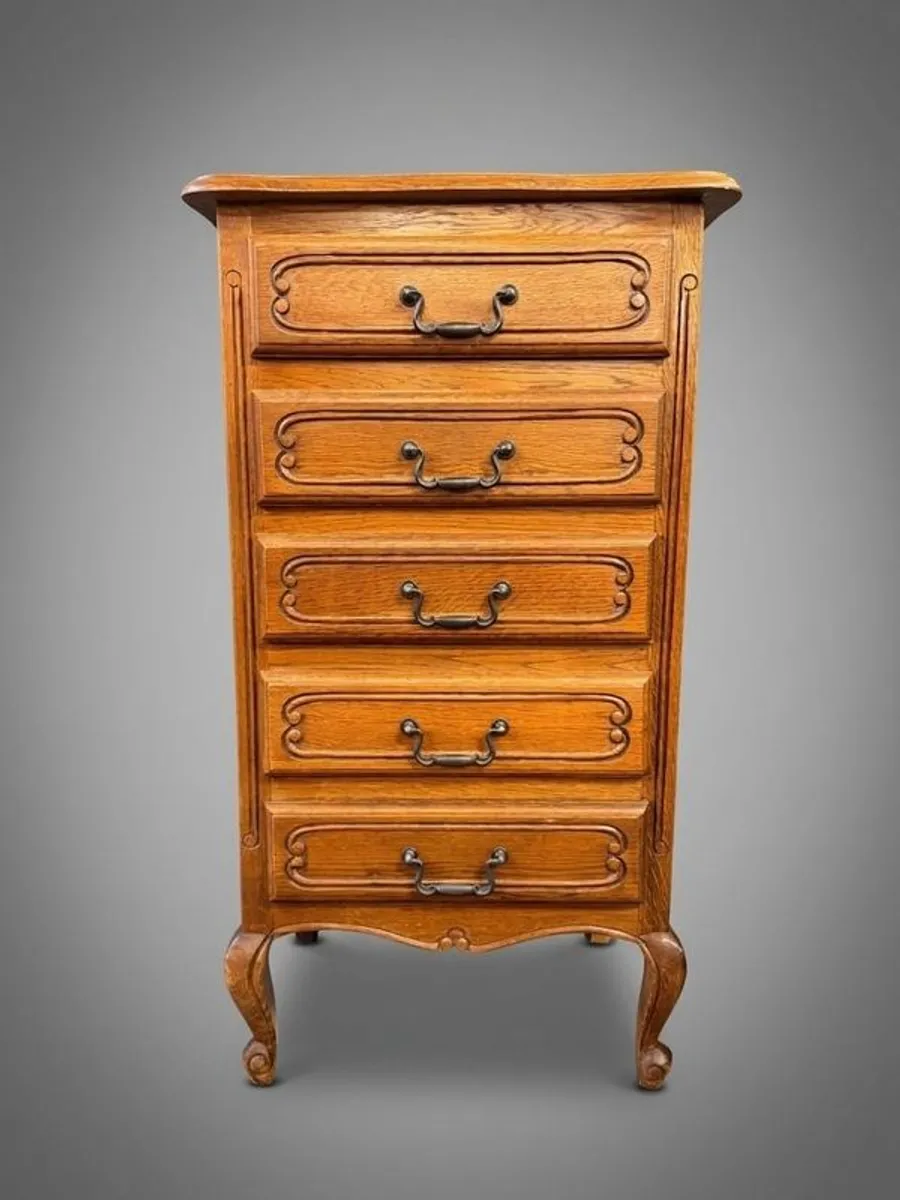 Vintage French Country Carved Oak Tallboy - Image 3