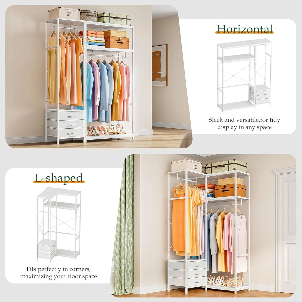 Clothes Rail with 3 Fabric Drawers Storage Shelves - Image 4