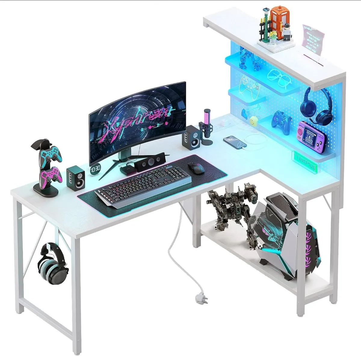 L Shaped Gaming Desk with Pegboard Hutch Shelves - Image 1