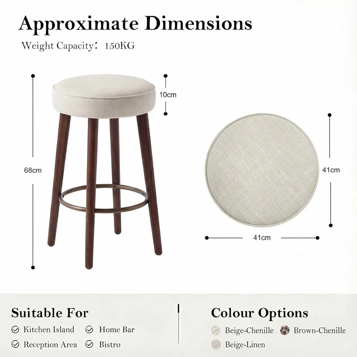 Linen Bar Stools 68CM Counter Height Upholstered - Image 2