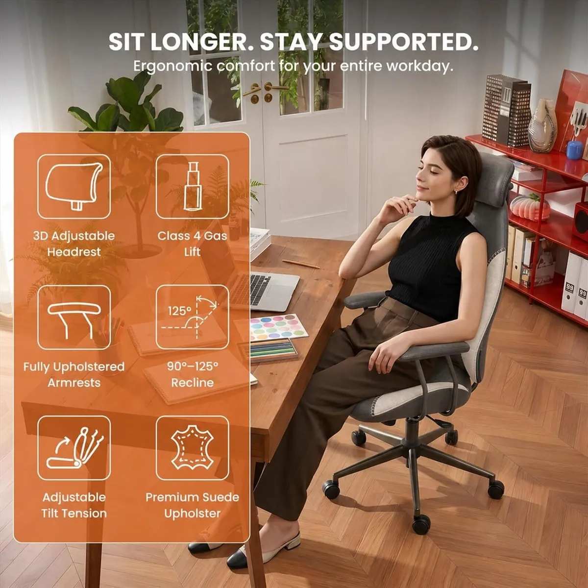 Suede Fabric Desk Office Chair High Back Ergonomic - Image 3
