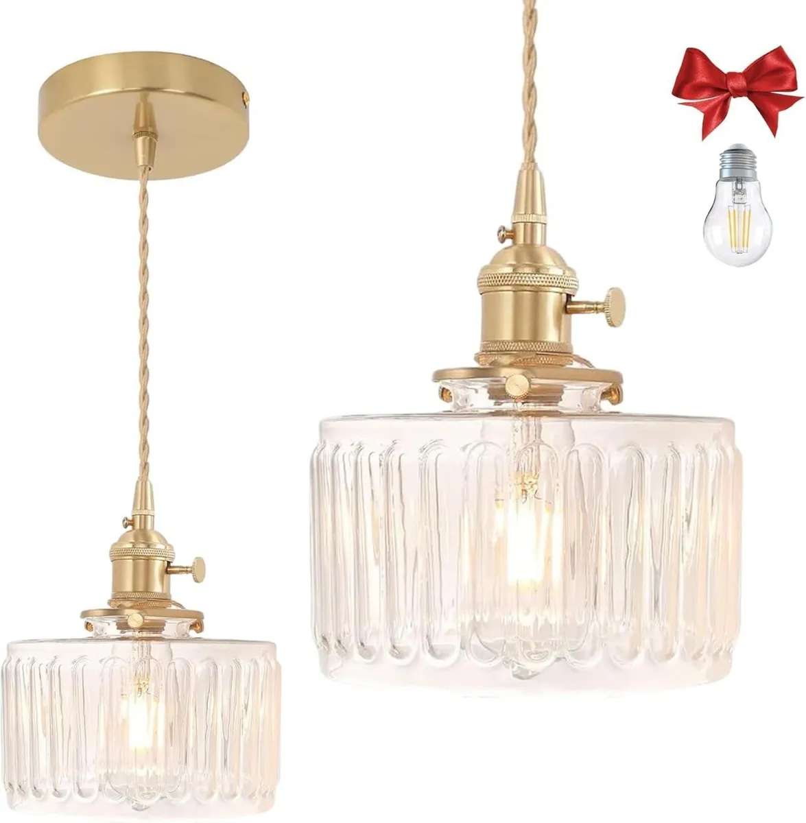 Clear Fluted Glass Pendant Light 1 Natural Bulb - Image 1