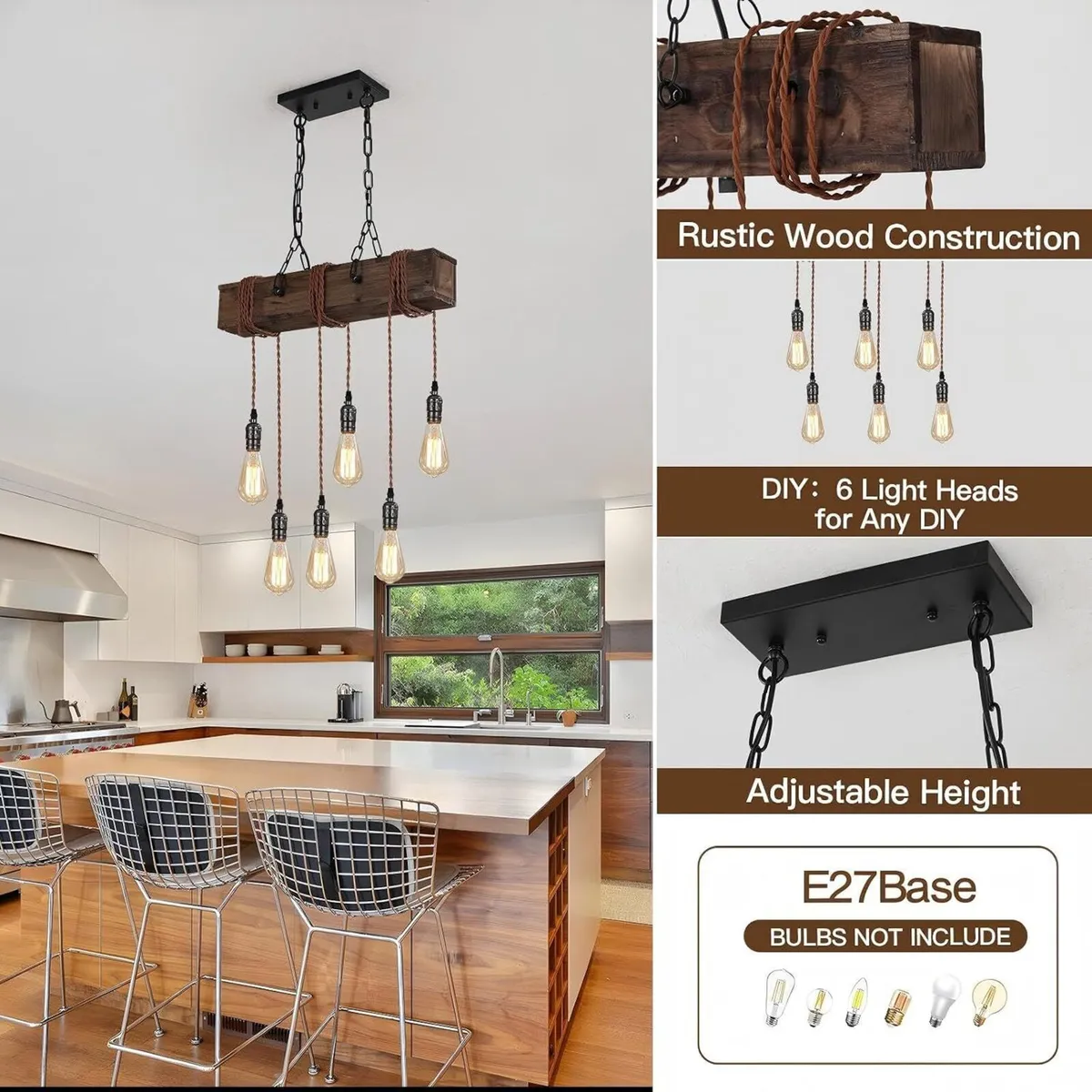 6-Lights Dining Farmhouse Chandelier Wooden - Image 4
