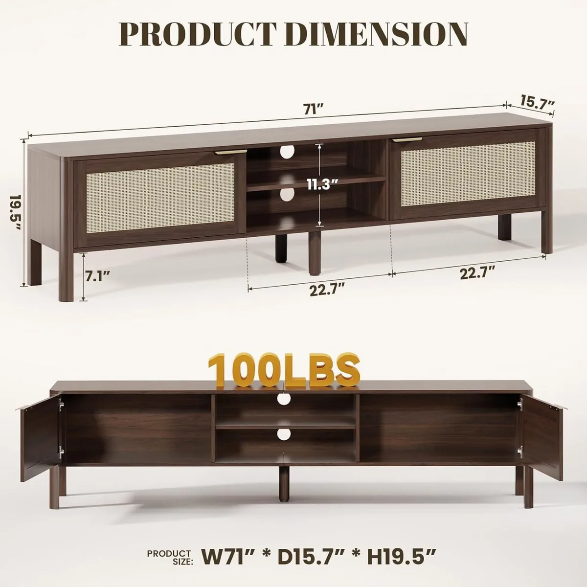 Wooden TV Stand Cabinet 180CM Rattan Unit - Image 2