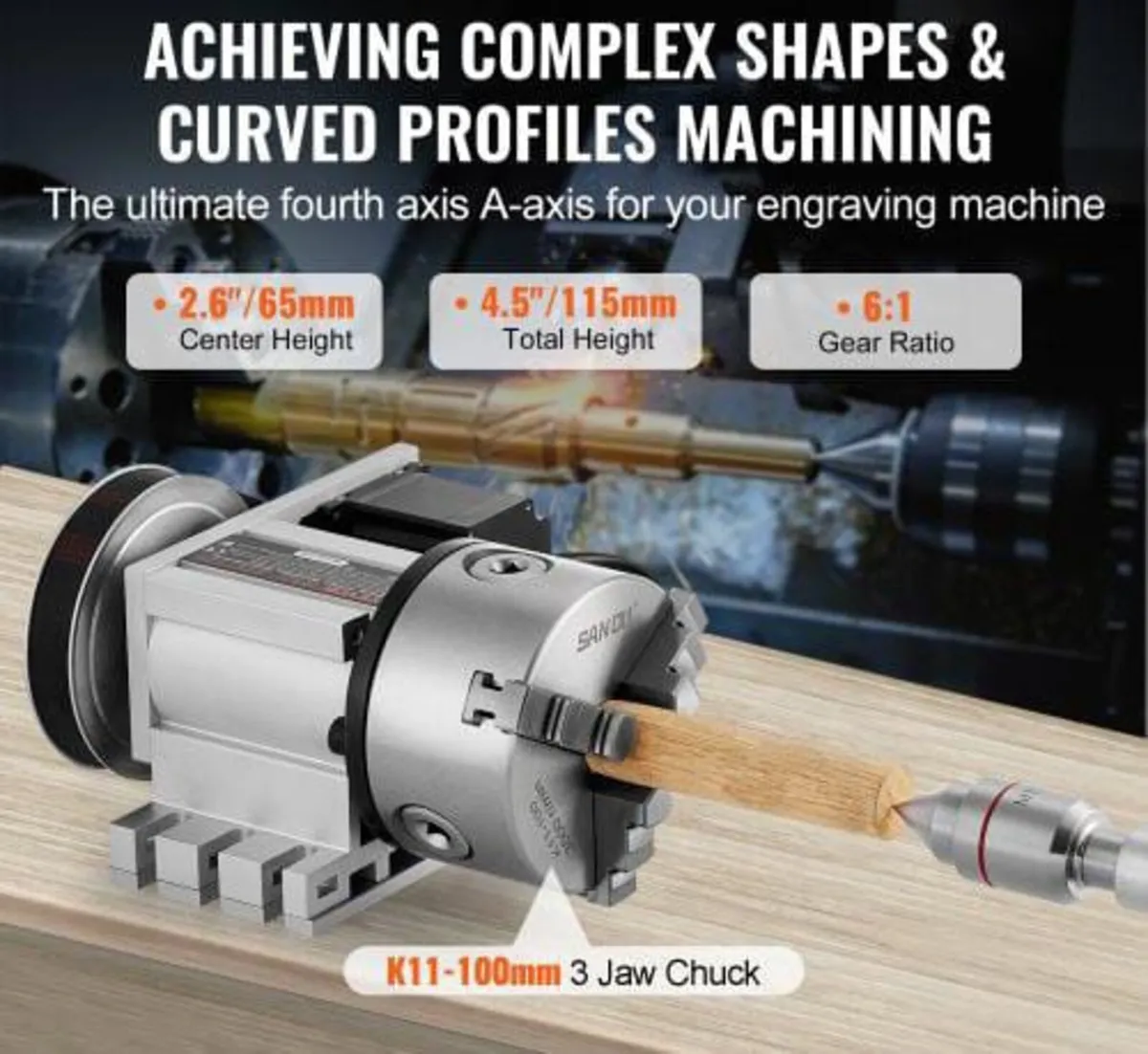 Dividing Head, K11-100mm 3-Jaw Chuck, CNC Router M - Image 4