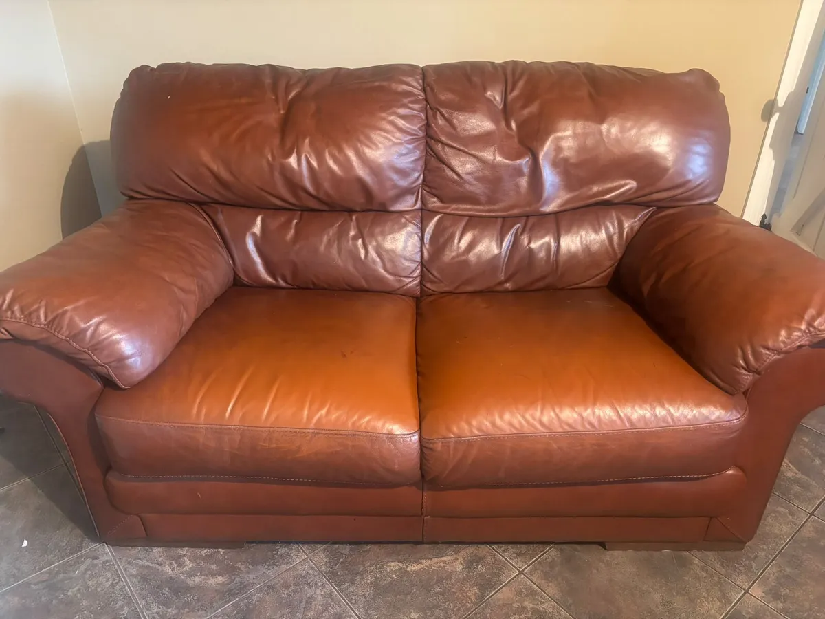 1 & 2 seater brown leather couch - Image 1