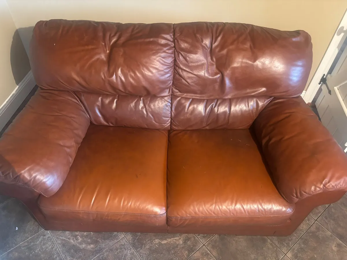 1 & 2 seater brown leather couch - Image 4