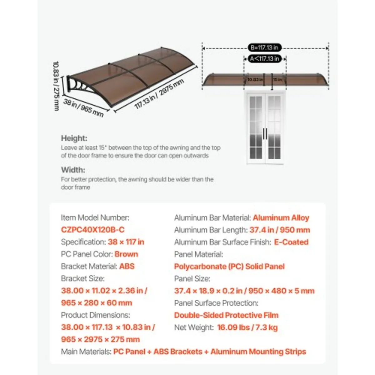 Awnings for Door Entrance, 38 x 117 in, Exterior F - Image 2