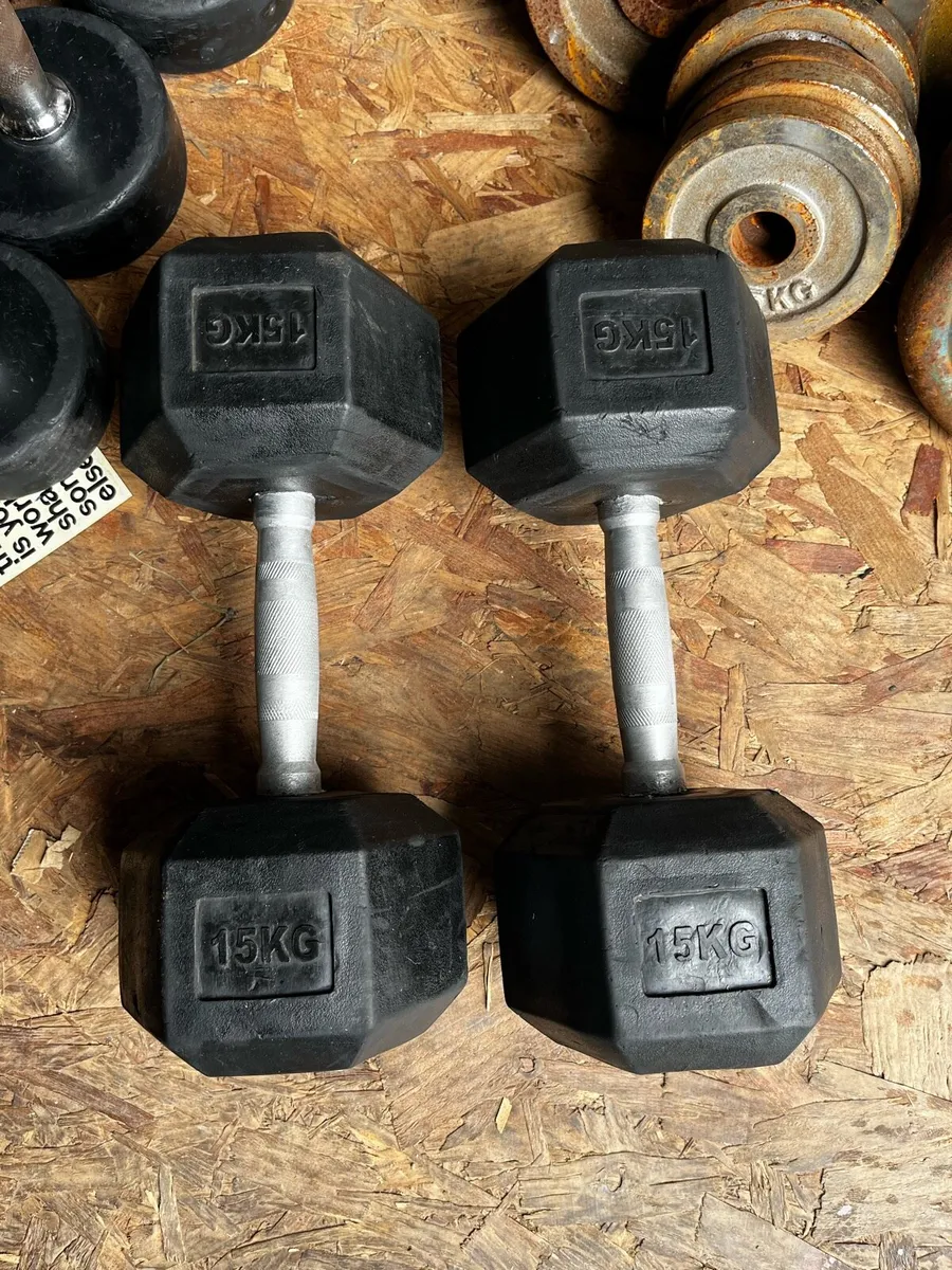 2x15kg hex rubber dumbbells - Image 1