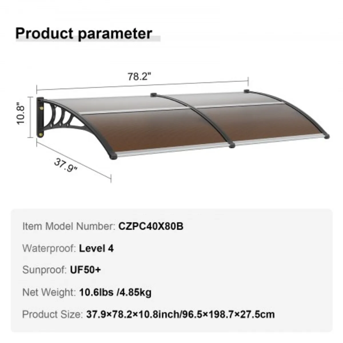Awning Canopy 80" x 40", UPF 50+ Polycarbonate Ent - Image 2