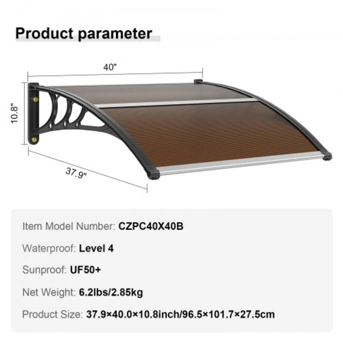 Awning Canopy 40" x 40", UPF 50+ Polycarbonate Ent - Image 3
