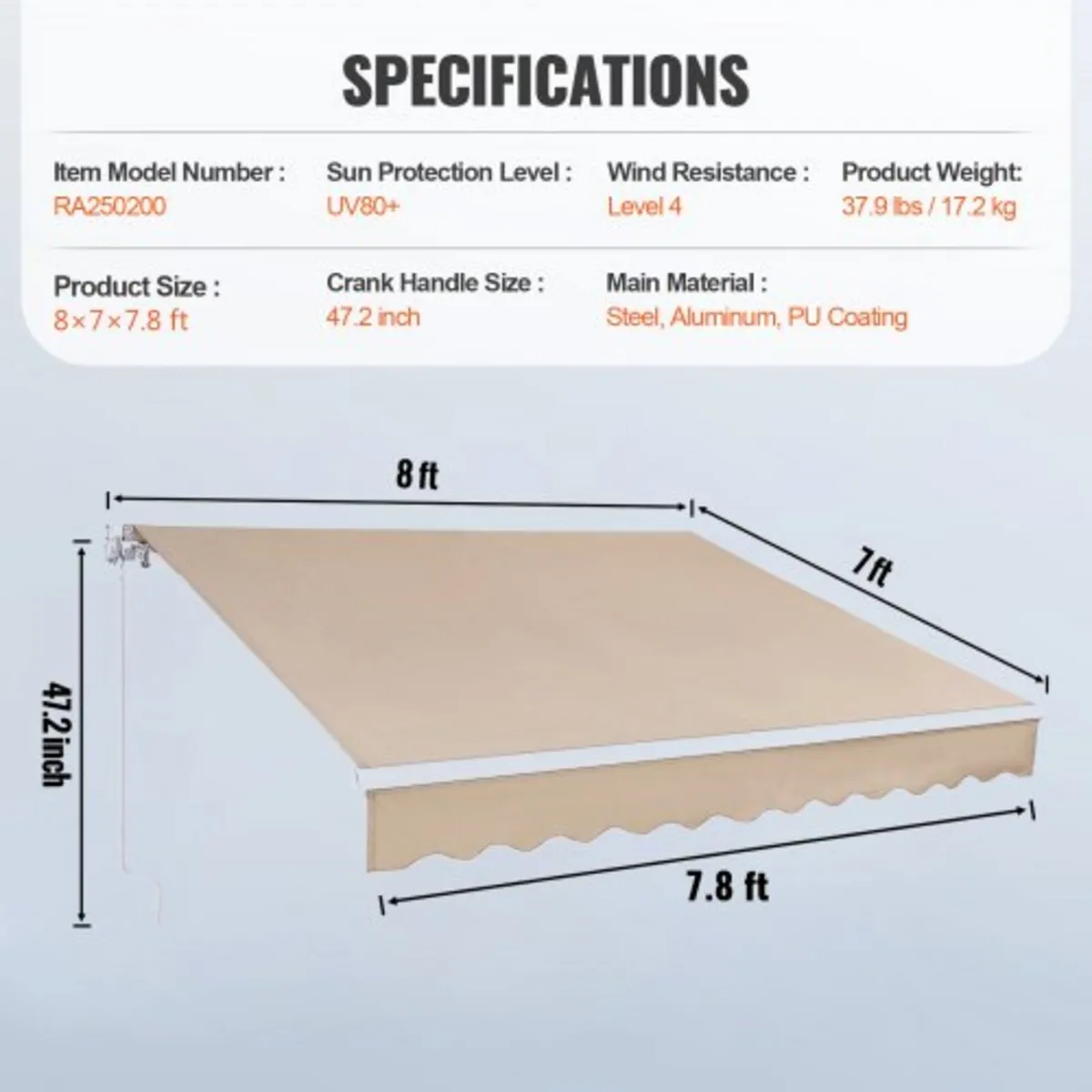 Retractable Awning, 8 x 7 ft Outdoor Patio Awning - Image 2