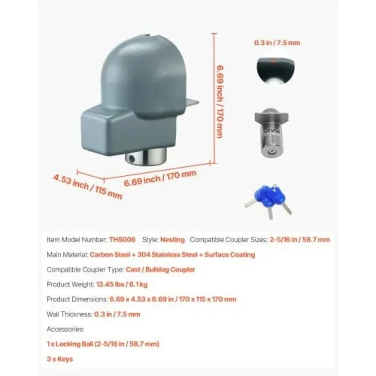 Trailer Coupler Lock, Fits 58.6 mm Cast/Bulldog Tr - Image 2