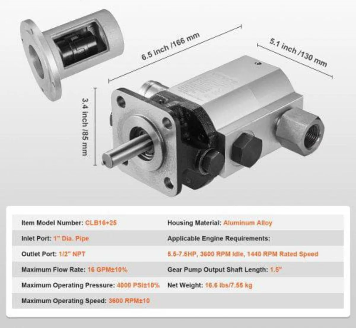 Hydraulic Wood Log Splitter Pump Kit, 60.6 L/min, - Image 4