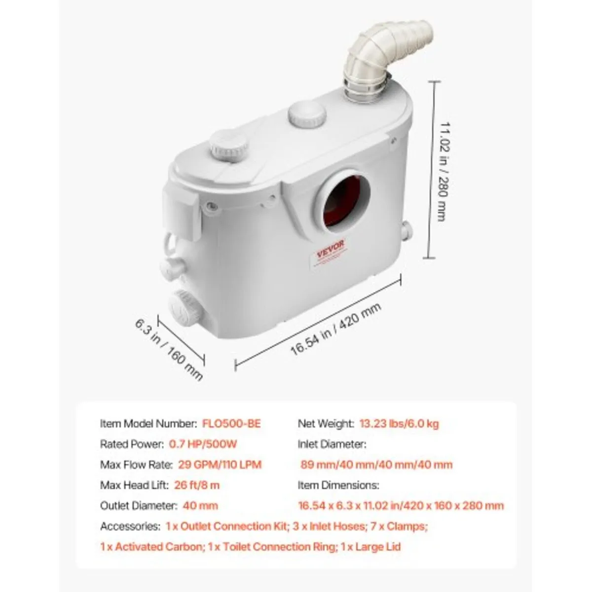 Macerator Pump, 500W, 110 L/min(29 GPM) Flow, 26 f - Image 2