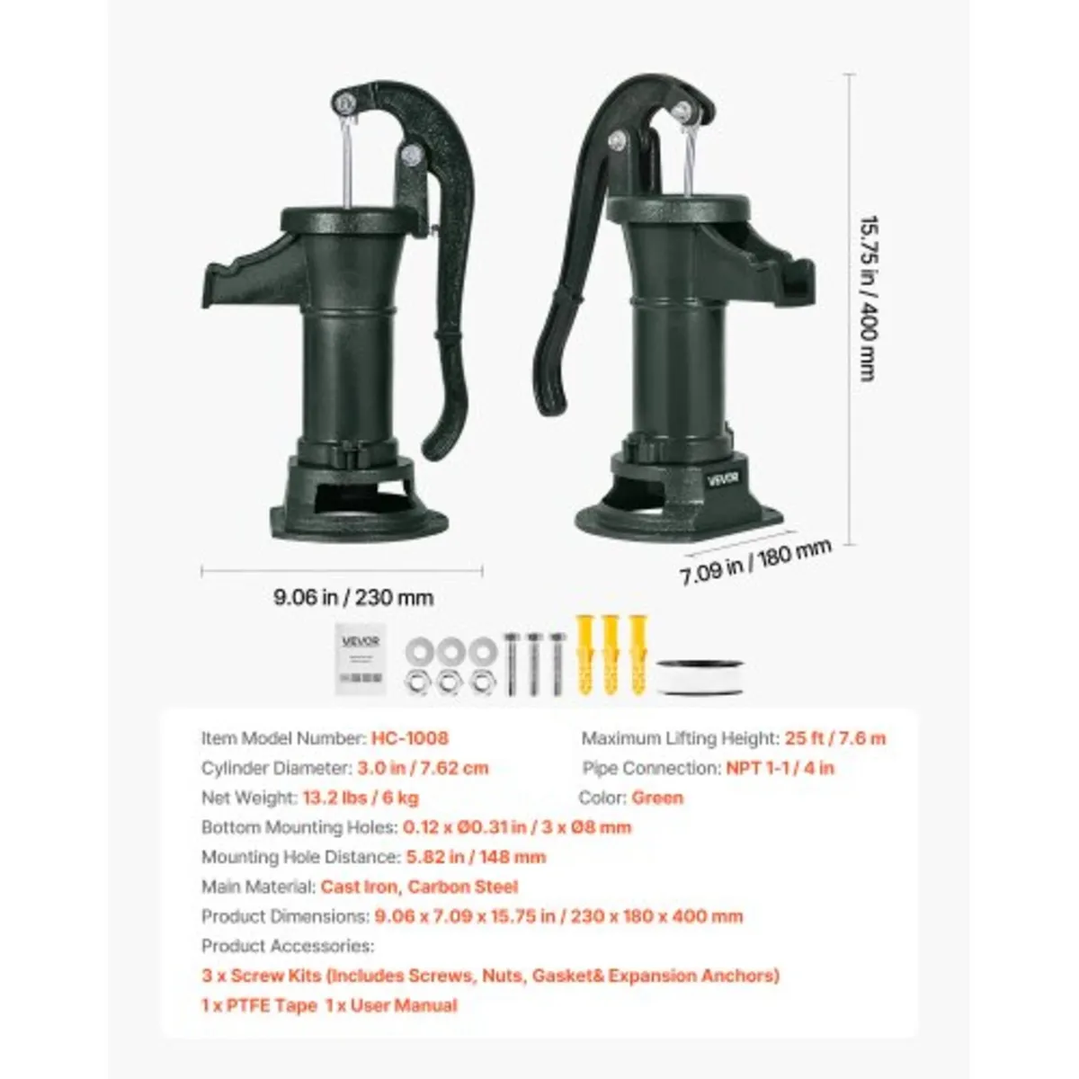 Well Hand Pitcher Pump, 25 ft Maximum Lift, Antiqu - Image 4