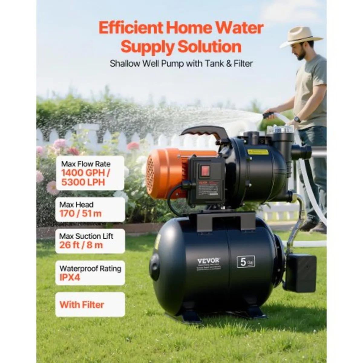 1100W Shallow Well Pump with Pressure Tank, 5300 L - Image 2