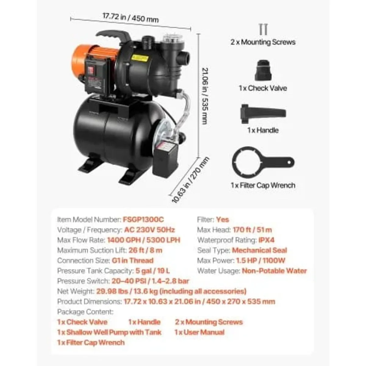 1100W Shallow Well Pump with Pressure Tank, 5300 L - Image 4