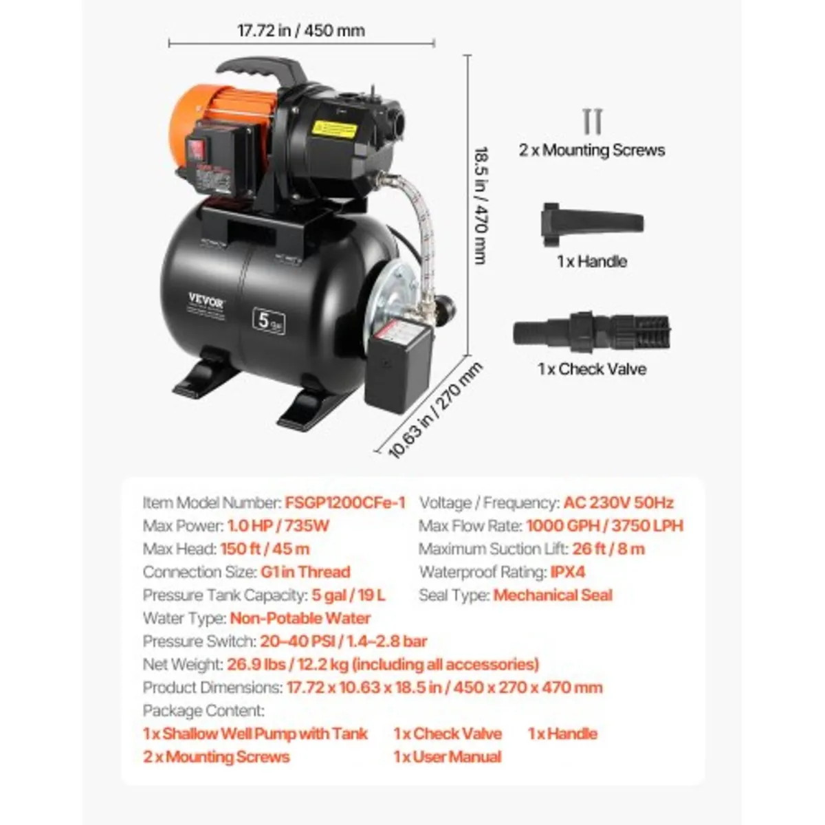1 HP Shallow Well Pump with Pressure Tank, 230V 37 - Image 3