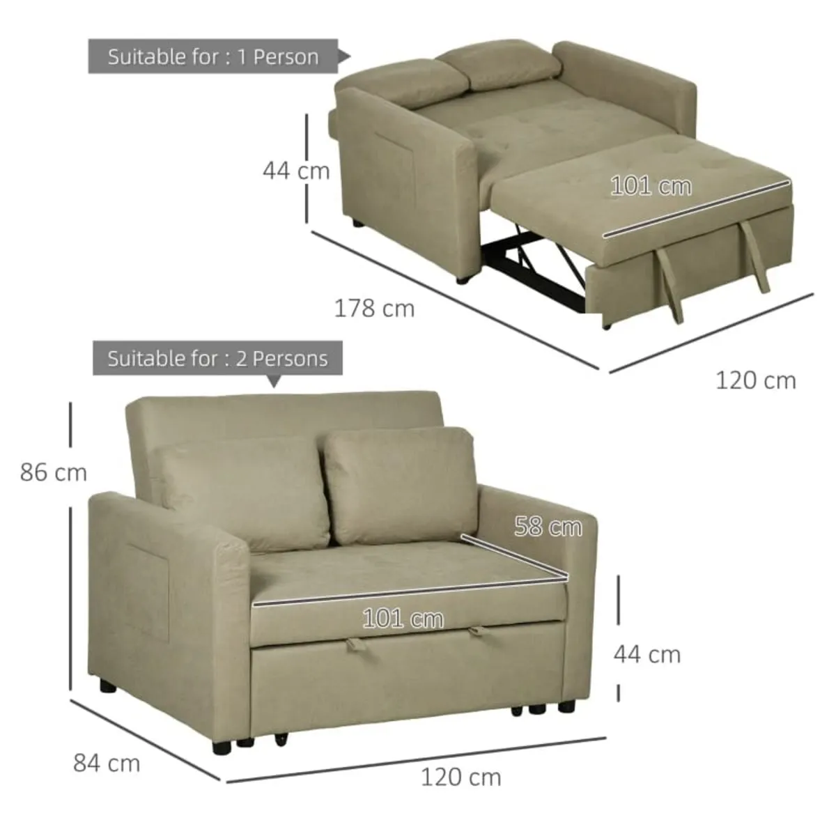 Loveseat Sofa Bed, Convertible Bed Settee with 2 C - Image 3