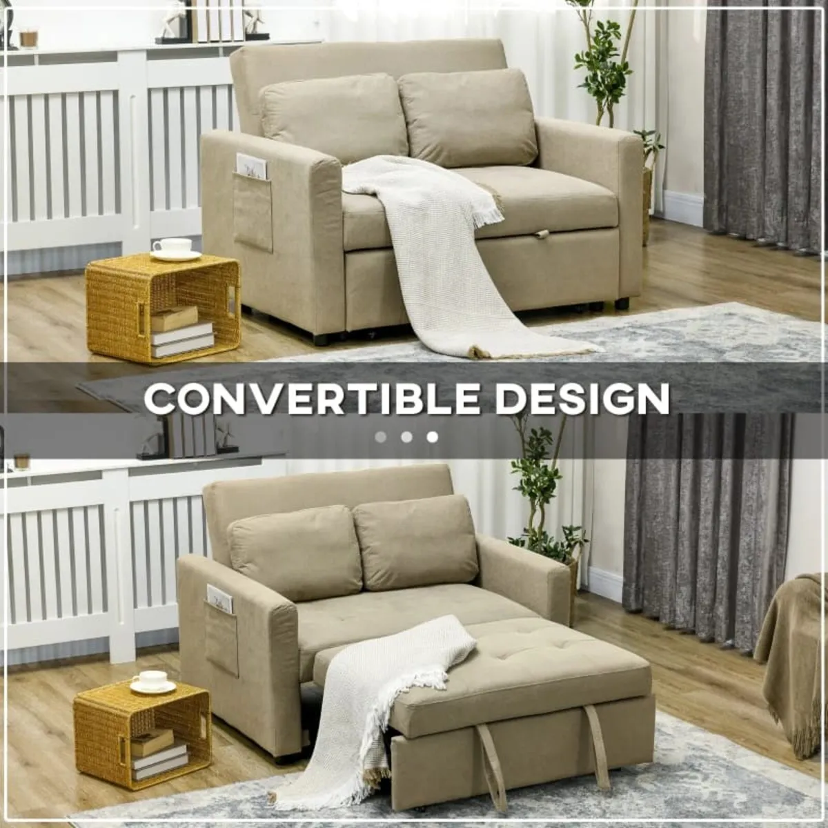 Loveseat Sofa Bed, Convertible Bed Settee with 2 C - Image 2