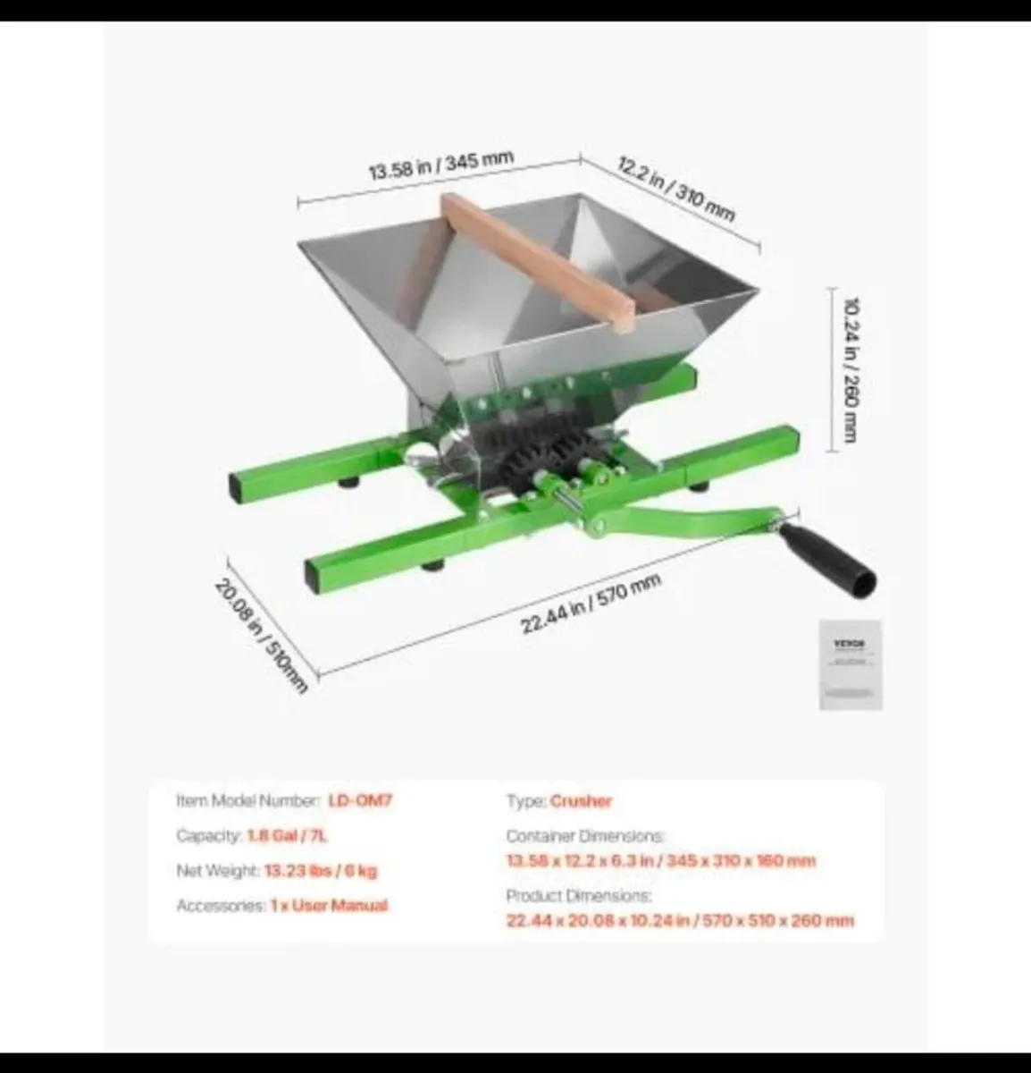 1.8 Gal/7L Fruit and Apple Crusher, Large Manual G - Image 4