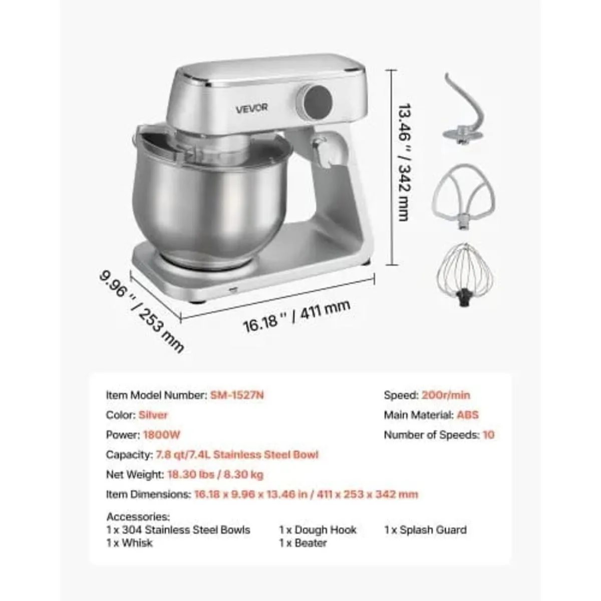 Stand Mixer, 7.4 L Electric Kitchen Mixer, 1800W D - Image 2