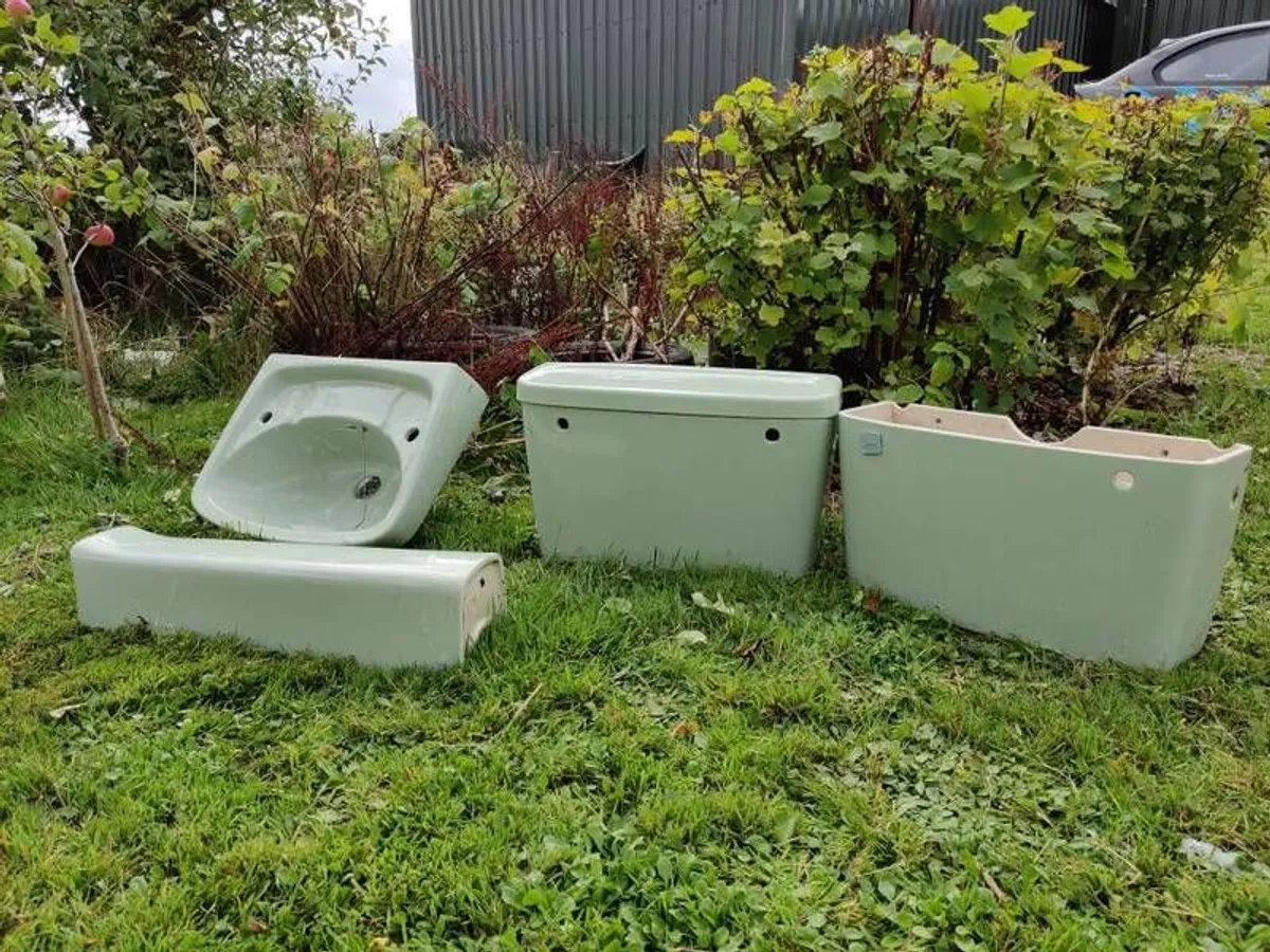 Retro Avocado green sink and pedestal, 2 cisterns ,1 with no lid.