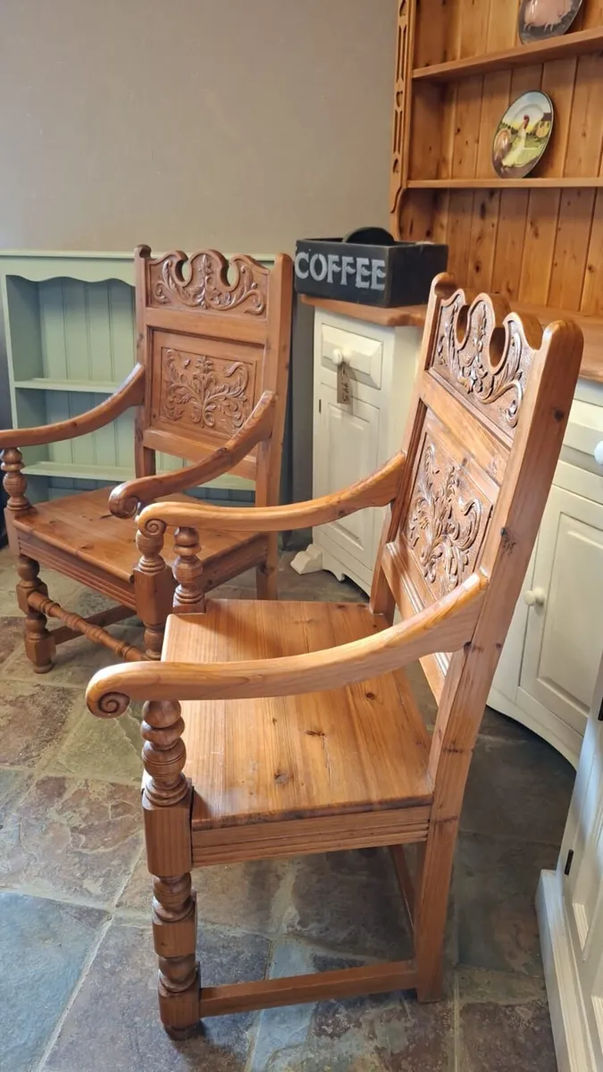 Pair vintage carved pine chairs - Image 4