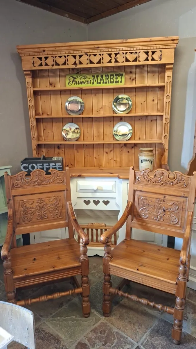 Pair vintage carved pine chairs - Image 1