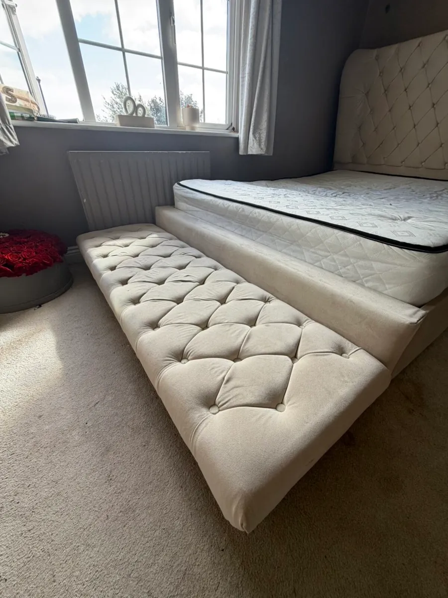 King Size Beige Bed Frame with Bed Stool - Image 4
