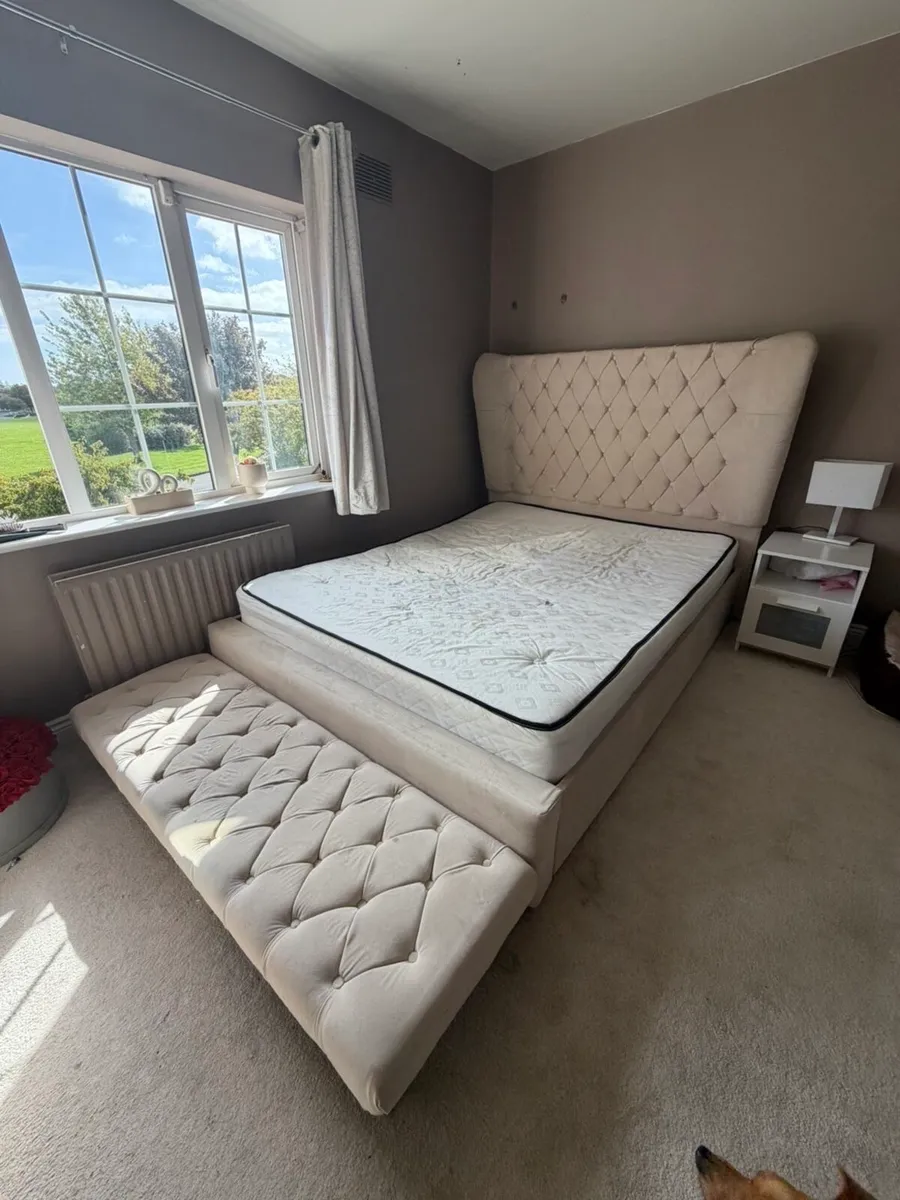 King Size Beige Bed Frame with Bed Stool - Image 1