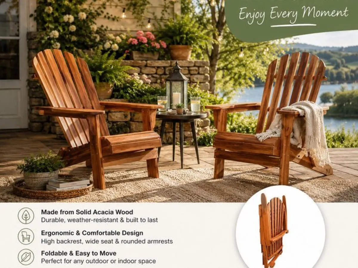 Set of 2 Folding Adirondack Chairs  Solid Acacia - Image 2
