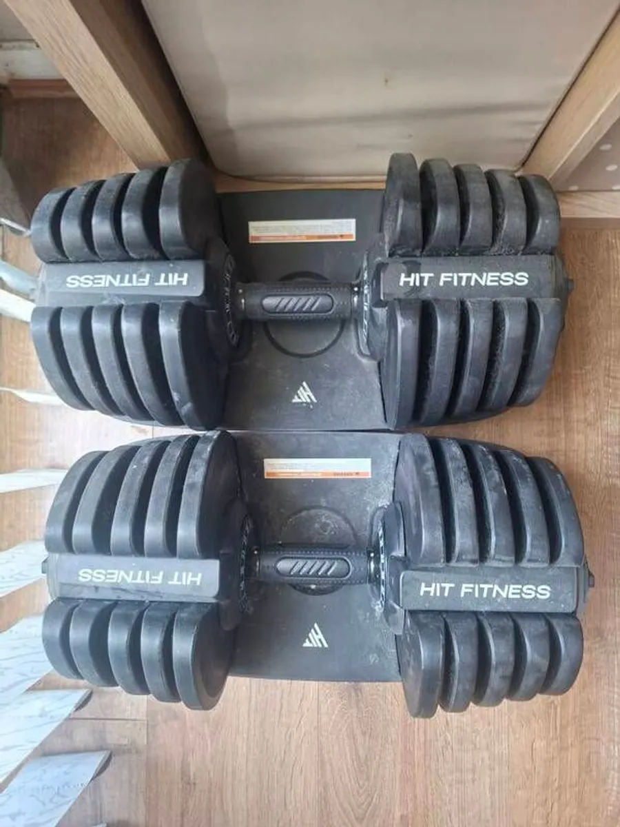 adjustable dumbells 5kg to 40kg and curling bar and plates - Image 1