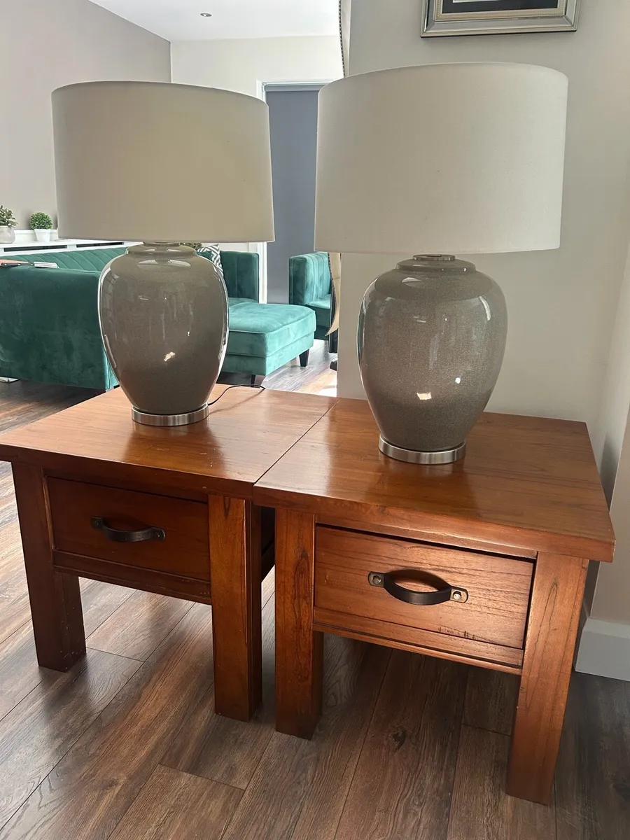 Pair Oak/Wood Side Tables and Grey Ceramic Lamps - Image 1