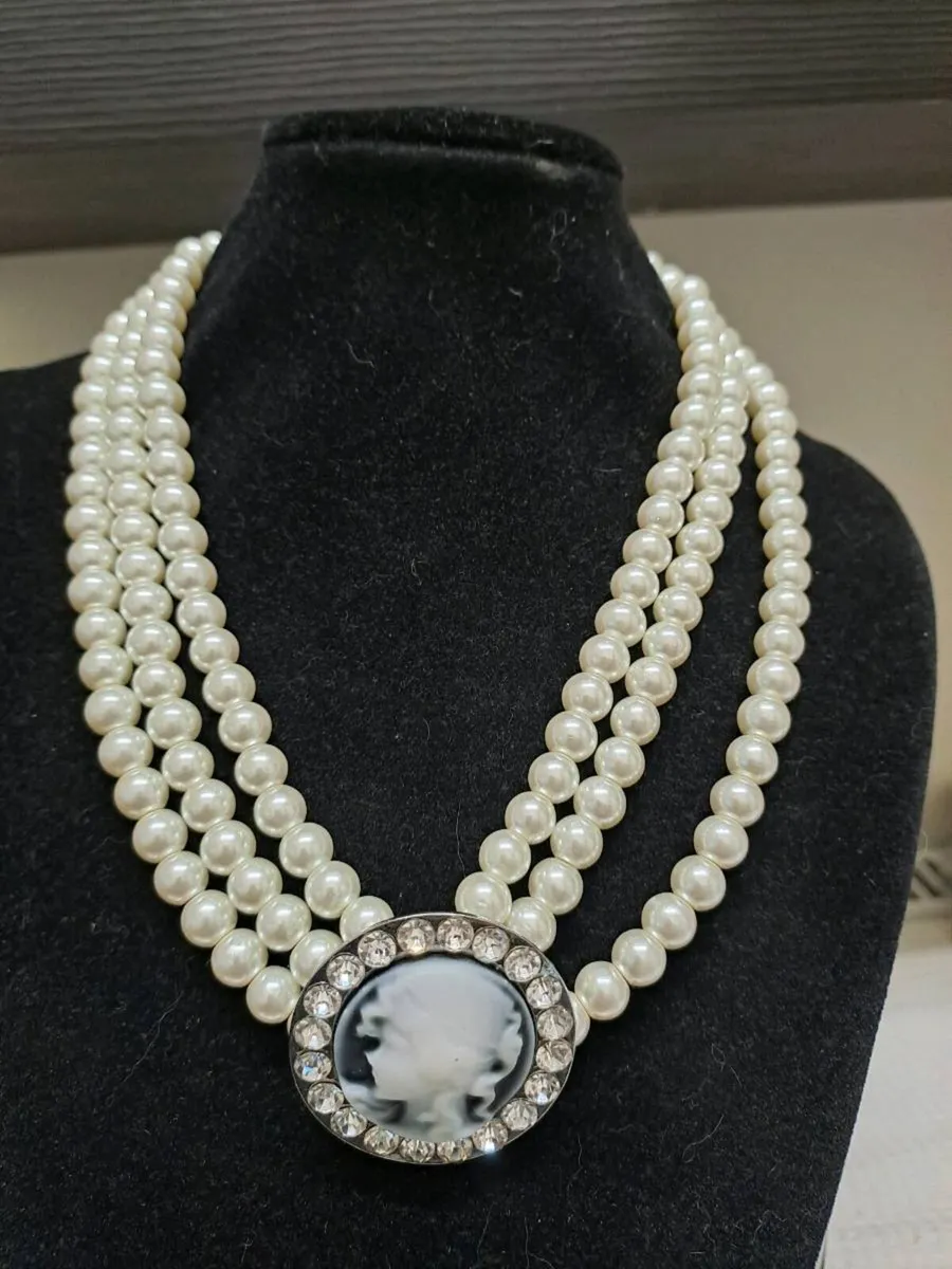 Multi Strand Faux Pearl Cameo Necklace - Image 1